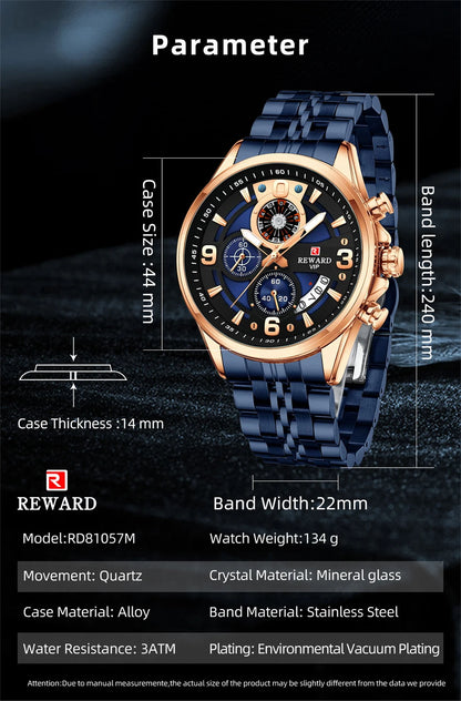 REWARD New Mens Watches Stainless Steel Luxury Waterproof Chronograph Luminous Wrist Watch Fashion Men Sports Quartz Watch