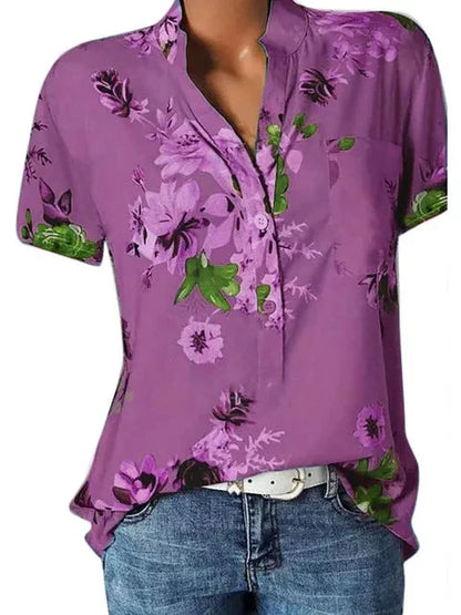 Elegant women's shirt printing large size casual shirt fashion V-neck short-sleeved shirt blouse