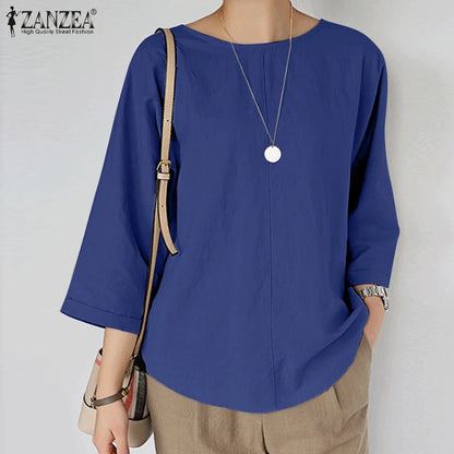 ZANZEA Spring Summer Women Blouse Casual 3/4 Sleeve O Neck Shirt Solid Baggy Tunic Tops Vintage OL Work Blusas Femme Chemise