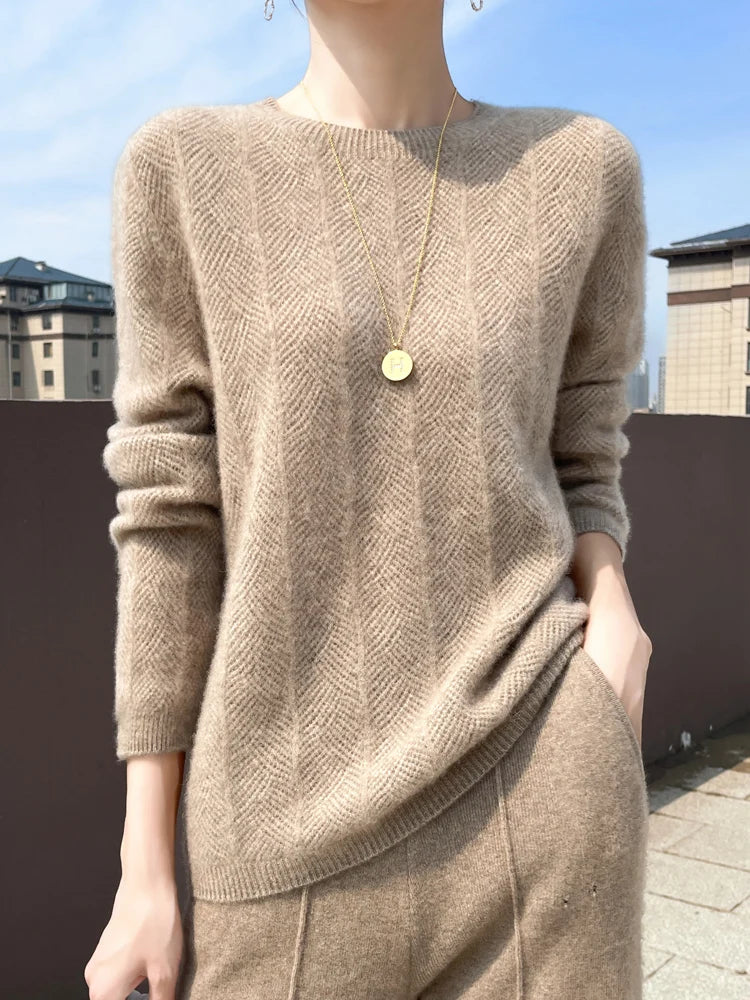 Women’s 100% Merino Wool Sweater Pullovers Hollow Out O-neck Cashmere Autumn Winter Long Sleeve Solid Grace Fashion Clothing Top