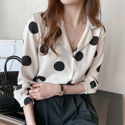 Polka Dot Women's Shirt Elegant Lapel Button-up Blouse Long Sleeve Summer  Tops Vintage Casual Female Clothing DF4931