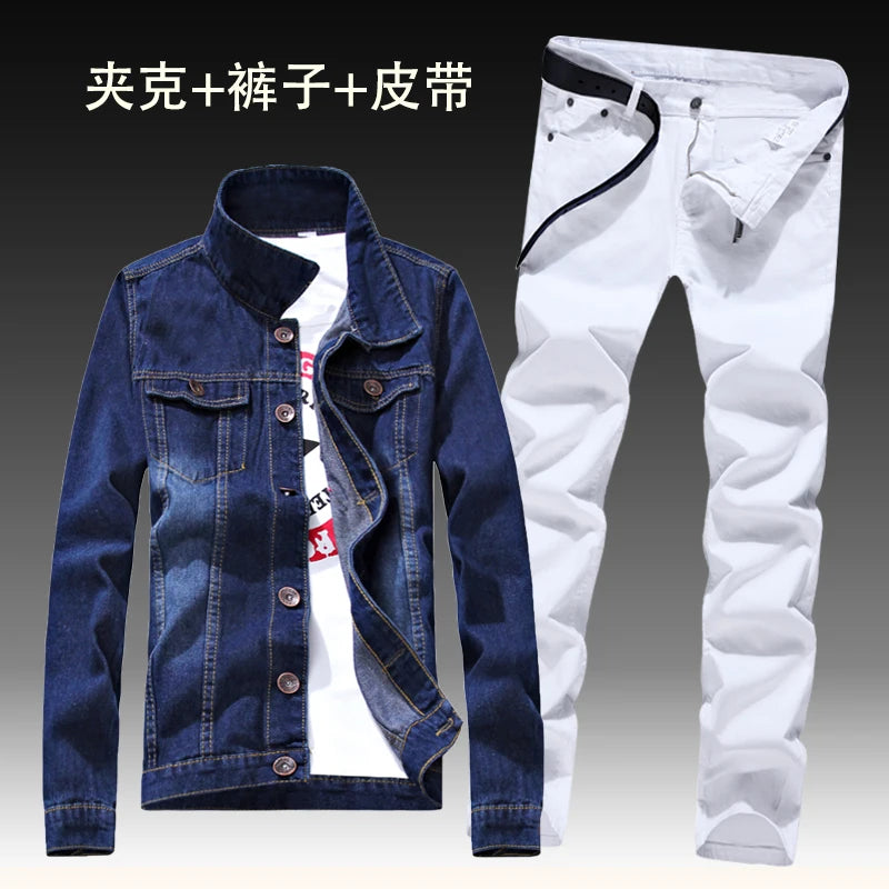 2022  Autumn New Mens Denim Jacket Jeans Pants Slim Fit Pencil Pant Long Sleeve Coat Long Trousers 2pcs Set Size S-3XL for Male