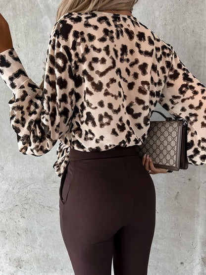 New Leopard Print Women Chic Blouses Spring Autumn Straight Patchwork Ladies Simple Sweatshirts V-Neck Lace-Up Streetwear Blusas