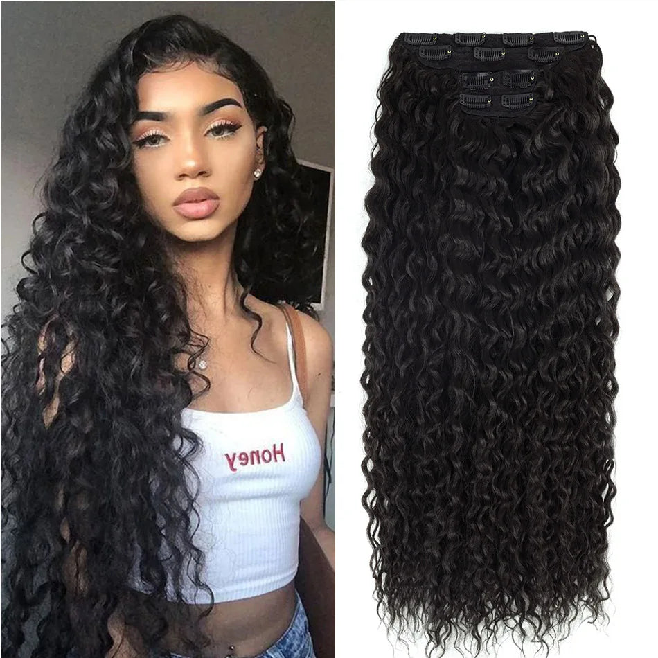 Synthetic Curly Clip-In Hair Extensions For Women Weave 4PCS Full Head Organic Fake Hair Ombre Brown Blonde Thick Hairpieces