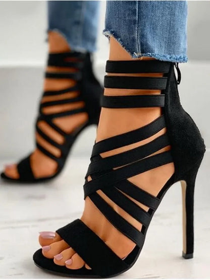 Sexy Peep Toe Elastic Band Cross Women High Heels Sandals Summer New Back Zipper Cover Heeled Gladiator Shoe Pump Black