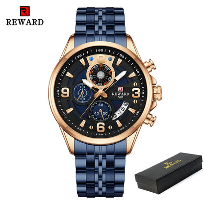 REWARD New Mens Watches Stainless Steel Luxury Waterproof Chronograph Luminous Wrist Watch Fashion Men Sports Quartz Watch