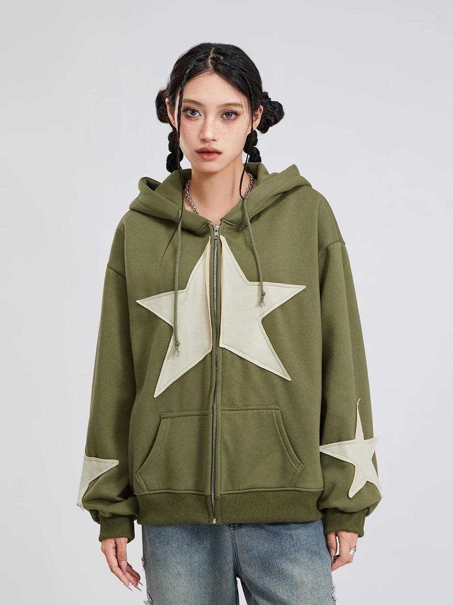 Y2K Vintage Star Print Hooded Hoodie for Women Casual Loose Long Sleeve Zip Up Drawstring Sweatshirts Autumn Spring Coat Street