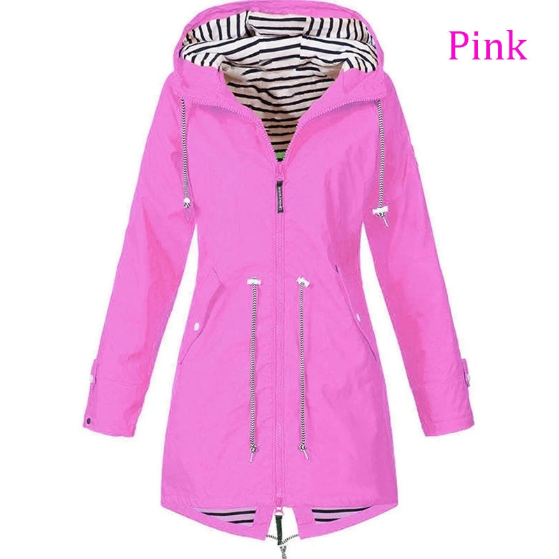 Fashionable women's windproof and waterproof trench coat Long sleeved coat Casual pants Zipper hooded raincoat S~5XL