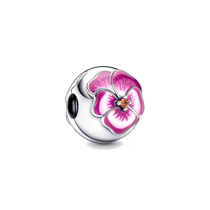 New 2023 Fashion Pink Pansy Flower Pendant Bead 925 Sterling Silver Plated Fit Necklace Keychain Charm DIY Jewelry Bracelet