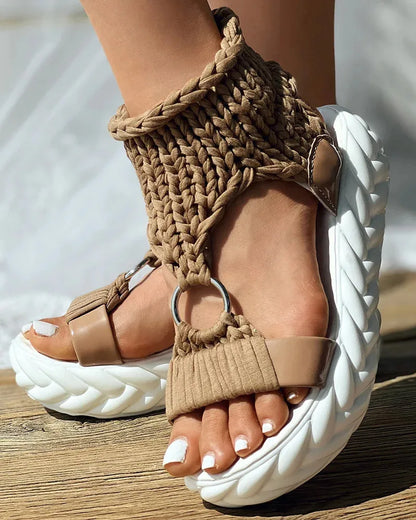 gold Knitted Woolen Sandals woman summer 2025 New Braided Elastic Shoes Mesh Flat Bottom Hollow Out Female Sandals Mujer