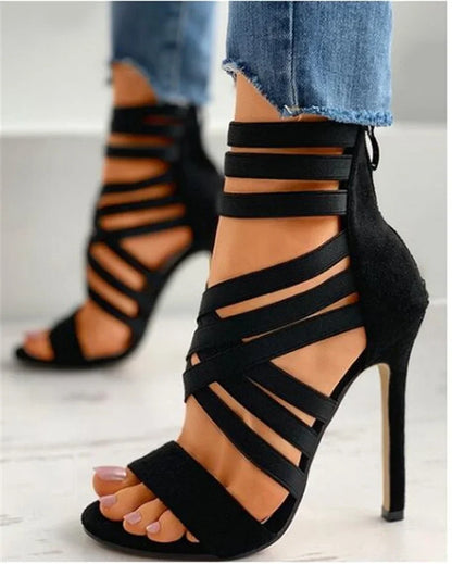 Sexy Peep Toe Elastic Band Cross Women High Heels Sandals Summer New Back Zipper Cover Heeled Gladiator Shoe Pump Black