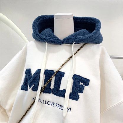 Fashion Patchwork Oversize Sweatshirt Women Winter Casual Loose Cotton Thick Letter Long Sleeve Hoodies Female Streetwear