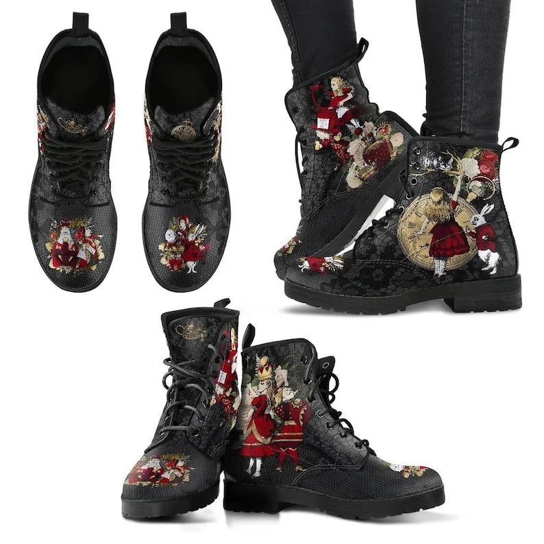 Women Ankle Boots Low Heels Shoes Woman Vintage PU Leather Autumn Warm Winter High Snow Boots 2022 Skull Flower Print Boots