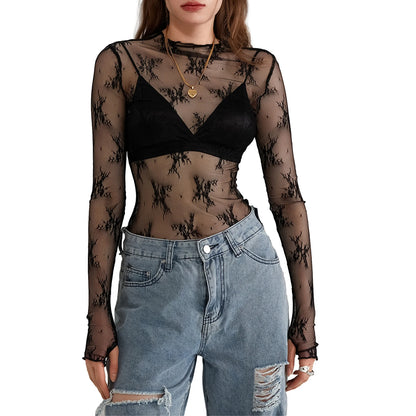 Sexy Lace Tops See Through Mesh Long Sleeve Crop Top Floral Sheer Fitted Tees Y2k Women Top Shirt Blouse