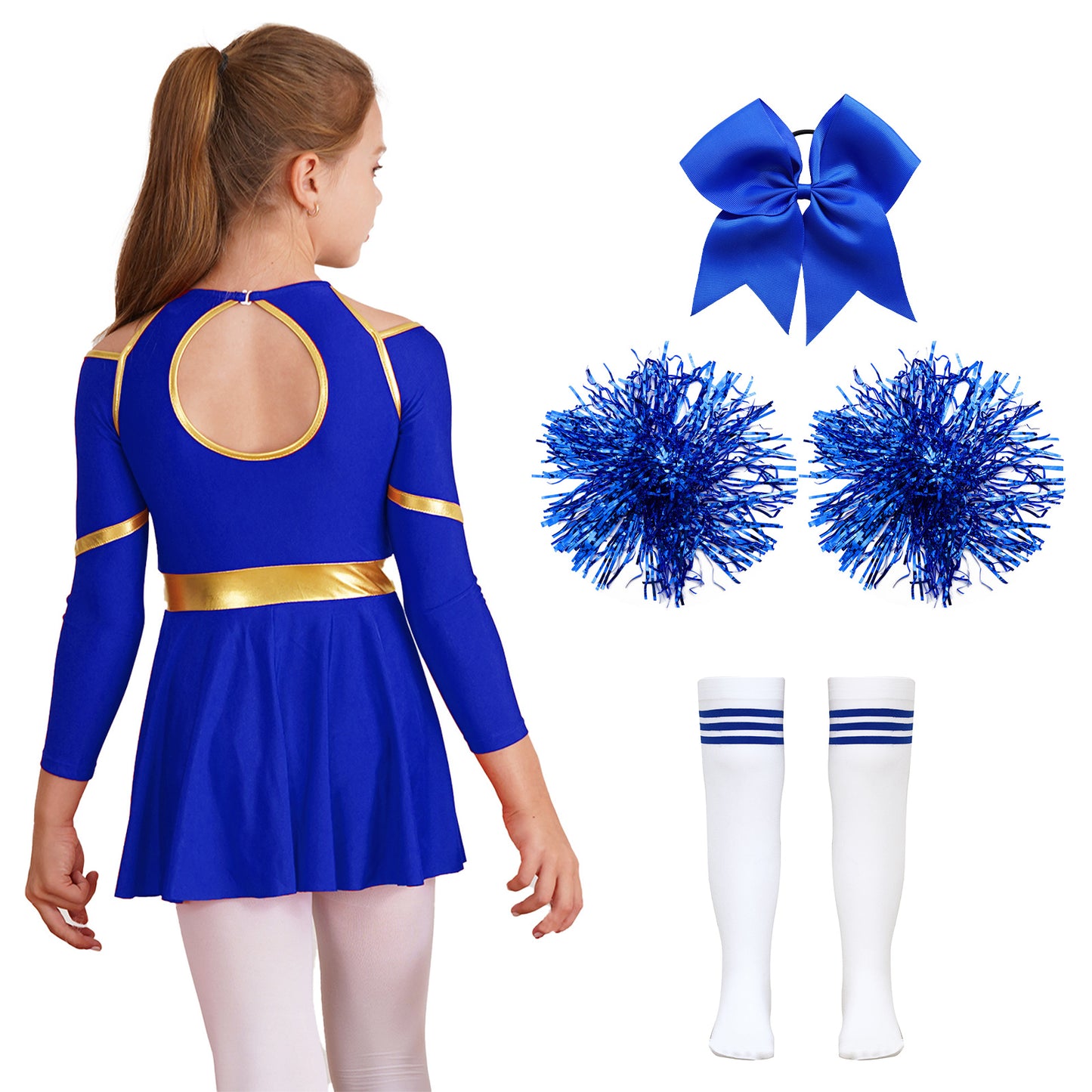 Kids Girls Cheerleader Costume Halloween Cheerleading Dress with Pom Poms Bow Hair Clip Socks Birthday Party Gifts