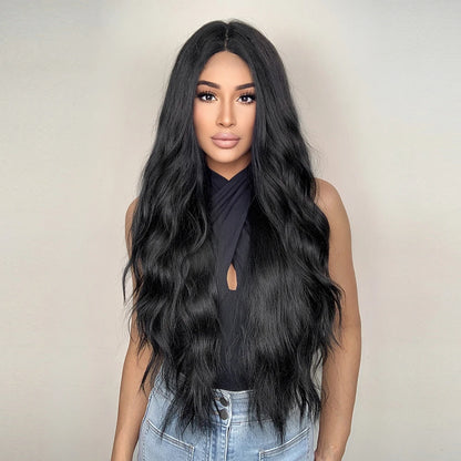 ALAN EATON Black Long Body Wavy Synthetic Wigs for Women Afro Natural Black Hair Wigs Middle Part Heat Resistant Fiber Daily Use