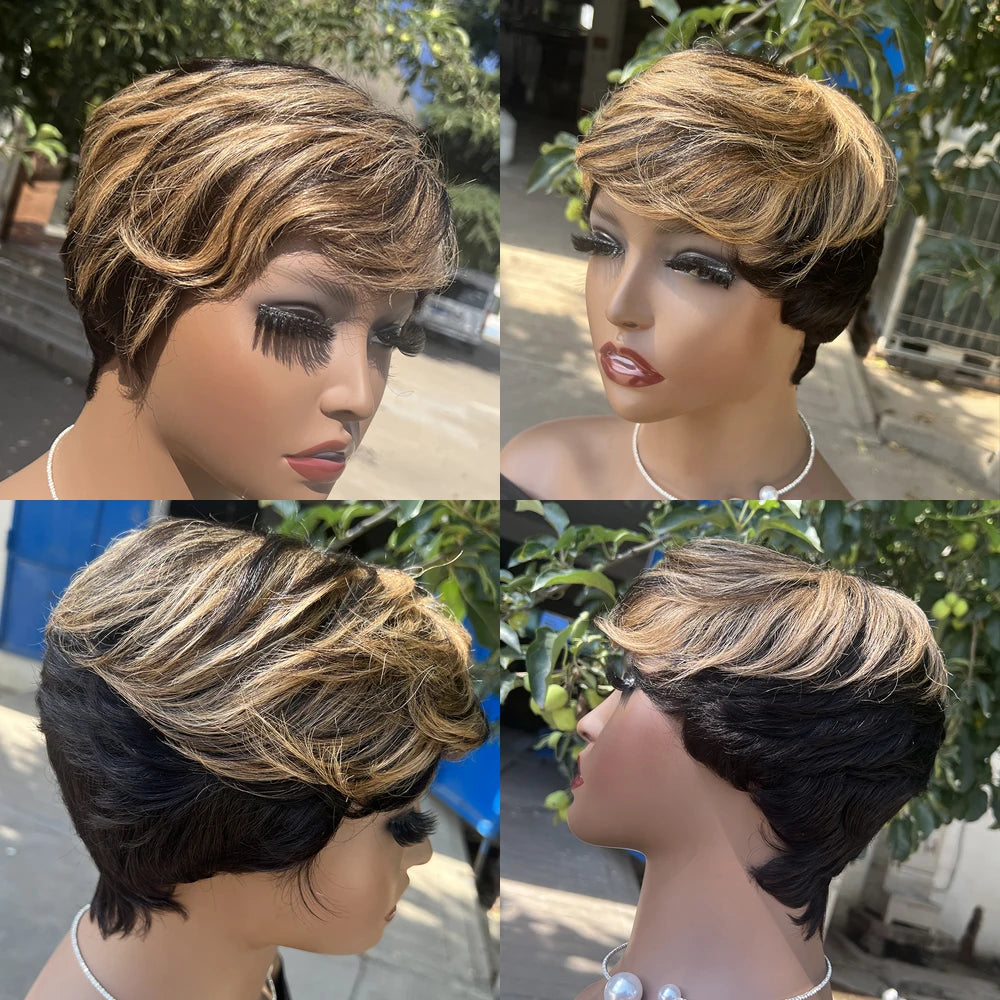 Human Hair Wigs Short Pixie Cut Wig Human Hair For Black Women Machine Made Wigs With Bangs Pixi Wig Perruque Cheveux Humain