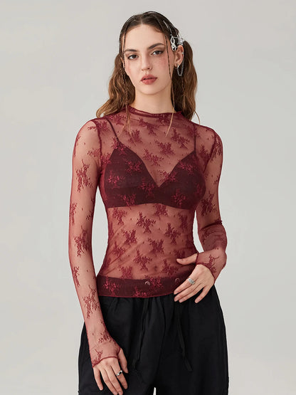 Sexy Lace Tops See Through Mesh Long Sleeve Crop Top Floral Sheer Fitted Tees Y2k Women Top Shirt Blouse