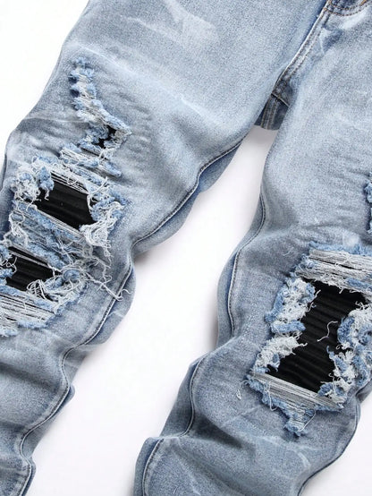 Men‘s Stretchy Denim Jeans Streetwear Tearing Patchwork Holes Ripped Denim Elastic Waist Casual Pants Slim fit Straight Trousers