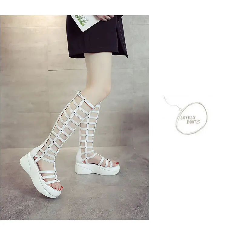 2022 Women's Summer Boots Women Shoes Fashion Cutout High Top Sandals Breathable Striped Roman Shoes Platform Boots Thigh High