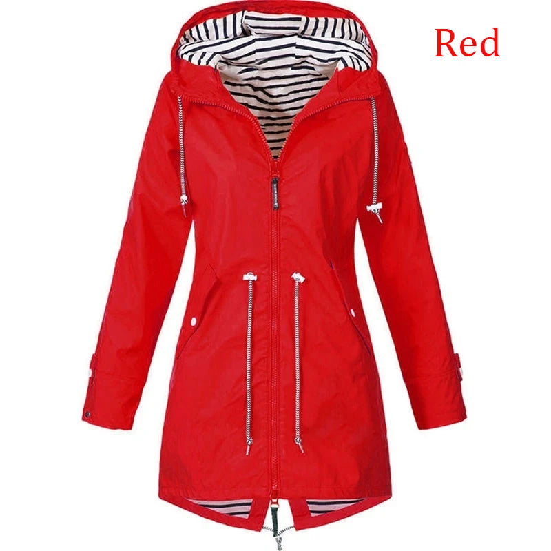 Fashionable women's windproof and waterproof trench coat Long sleeved coat Casual pants Zipper hooded raincoat S~5XL