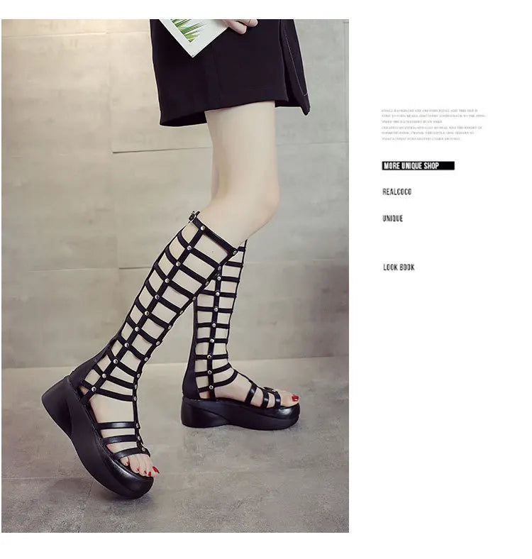 2022 Women's Summer Boots Women Shoes Fashion Cutout High Top Sandals Breathable Striped Roman Shoes Platform Boots Thigh High