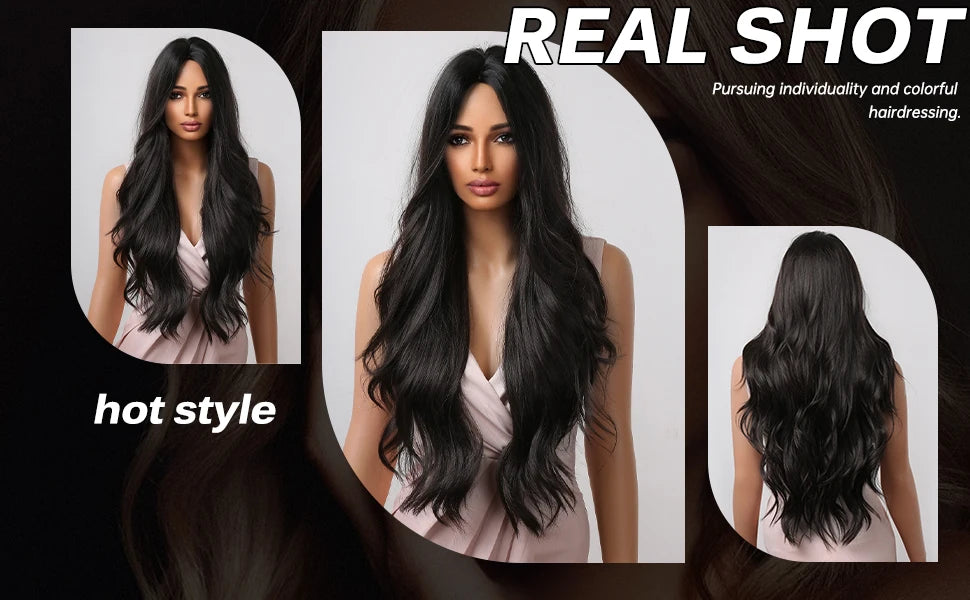 ALAN EATON Black Long Body Wavy Synthetic Wigs for Women Afro Natural Black Hair Wigs Middle Part Heat Resistant Fiber Daily Use