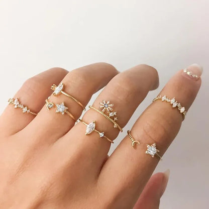 LETAPI 2024 New Fashion Bohemian Heart Ring Set For Women Crystal Stars Moon Flower Love Geometric Finger Vintage Jewelry Gifts