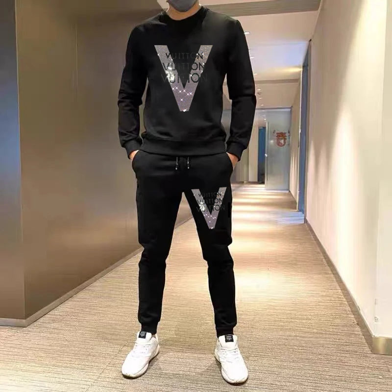 Men's Sets Hot drill Hoodie+Pants Two Pieces Casual Tracksuit Male Sportswear Brand Clothing Sweat Suit New Rhinestone