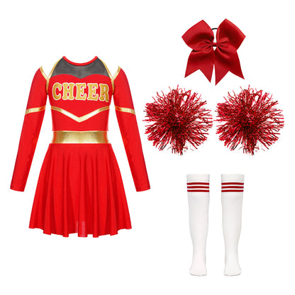 Kids Girls Cheerleader Costume Halloween Cheerleading Dress with Pom Poms Bow Hair Clip Socks Birthday Party Gifts