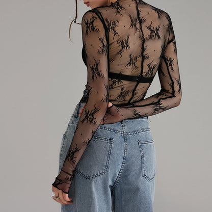 Sexy Lace Tops See Through Mesh Long Sleeve Crop Top Floral Sheer Fitted Tees Y2k Women Top Shirt Blouse