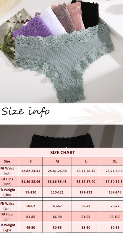 3PCS Lace Seamless Cotton Panties Ribbed Brazilian Pants Low Waist Women Panties Breathable Girls Underwear Plus Size Lingerie