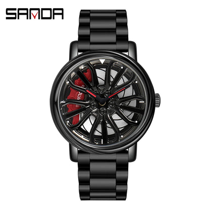 Sanda Hot Sell Fashion Sports Men WristWatch 360 Degree Rotating Car Wheel Quartz Watch Stainless Steel Waterproof Rim Hub Clock