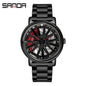 Sanda Hot Sell Fashion Sports Men WristWatch 360 Degree Rotating Car Wheel Quartz Watch Stainless Steel Waterproof Rim Hub Clock