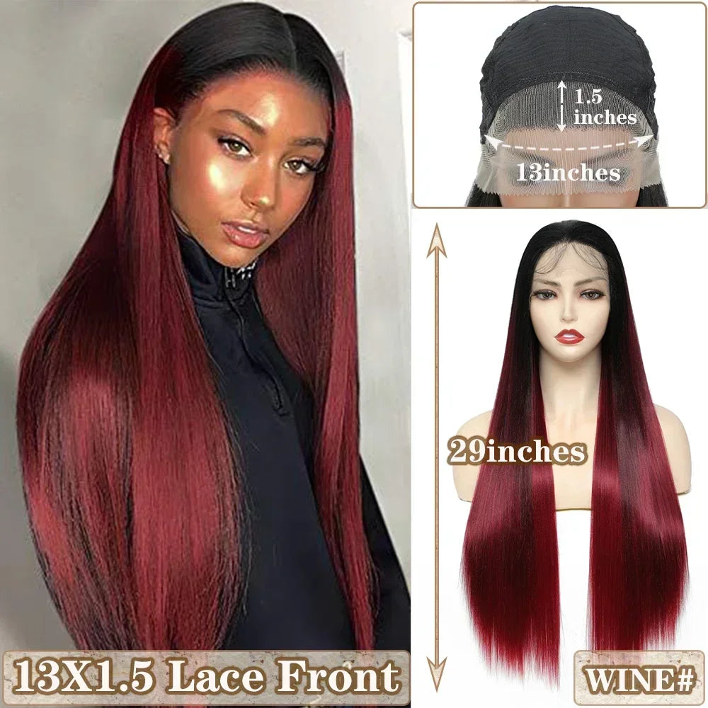 X-TRESS Long Straight Layered Wigs 13X4 Lace Frontal Free Part Synthetic Hair Wig with Baby Hair For Women 32inch Black Colored