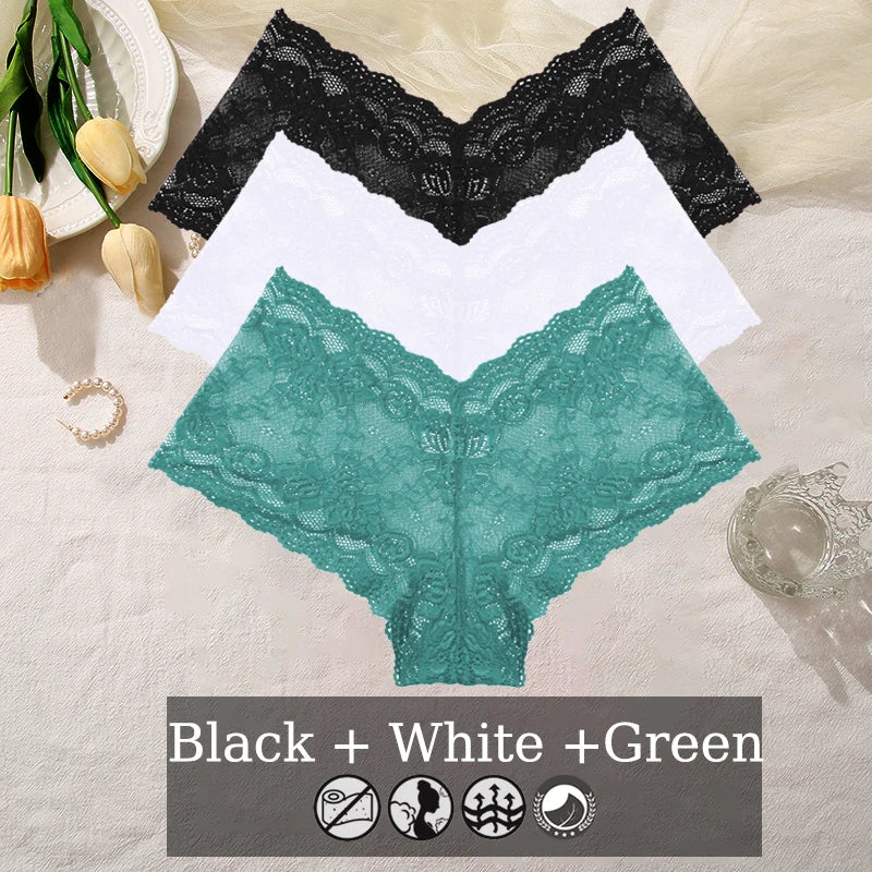 3PCS Women Floral Lace Panties Sexy Perspective Underwear V Waist Solid Color Underpants Female Breathable Intimates Lingerie