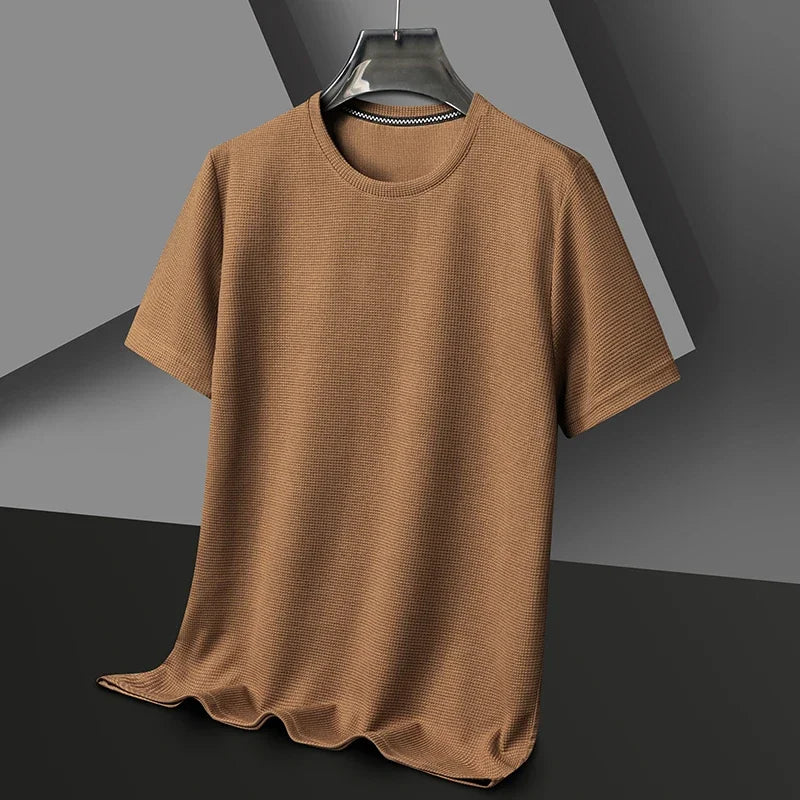 Short sleeved Polo shirShort sleeved Waffle Solid Polot fashion splicing men's round neck top cotton daily short sleeved T-shirt