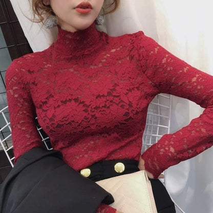 Stretch Floral Lace Petal Sleeve Shirt Women's Long Sleeved S-3XL T Shirt Ladies Perspective Blouse Tops Sexy Lace Tees Clothing