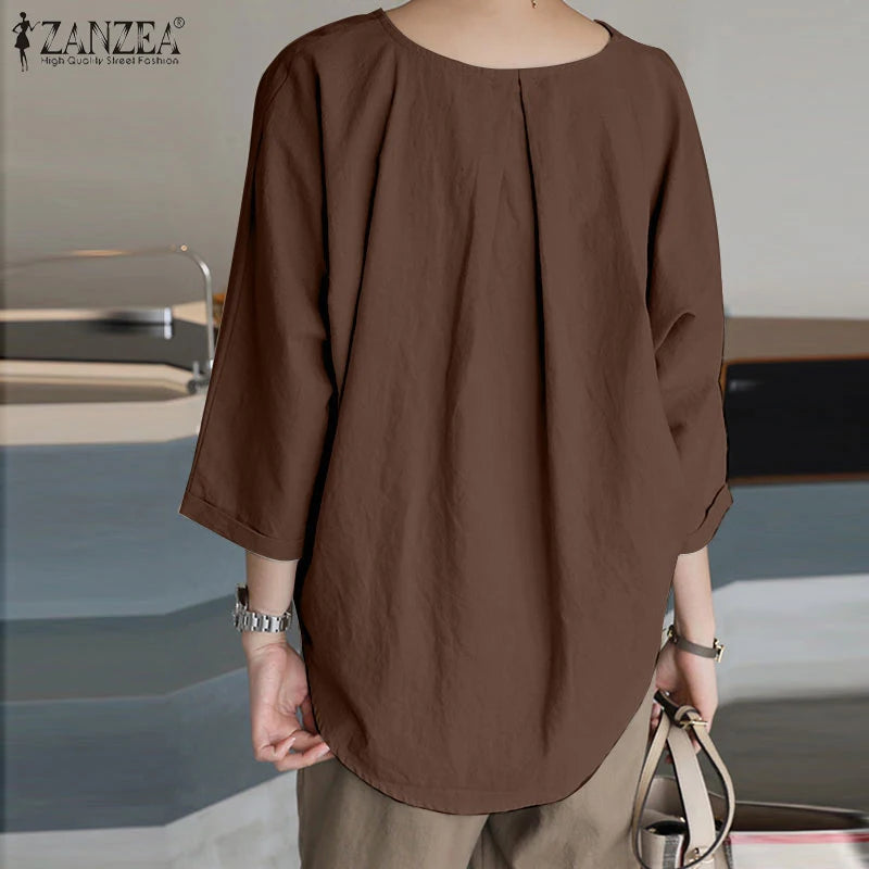 ZANZEA Spring Summer Women Blouse Casual 3/4 Sleeve O Neck Shirt Solid Baggy Tunic Tops Vintage OL Work Blusas Femme Chemise