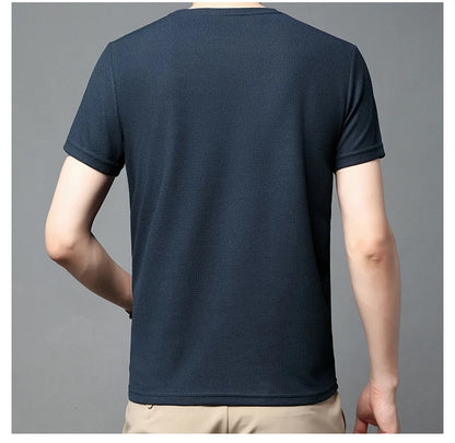 Short sleeved Polo shirShort sleeved Waffle Solid Polot fashion splicing men's round neck top cotton daily short sleeved T-shirt