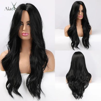 ALAN EATON Black Long Body Wavy Synthetic Wigs for Women Afro Natural Black Hair Wigs Middle Part Heat Resistant Fiber Daily Use