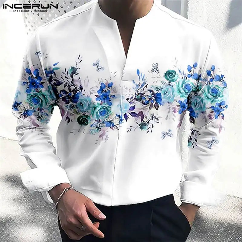 Men Shirt Floral Printing V Neck Long Sleeve Loose Streetwear Casual Men Clothing 2023 Fashion Leisure Camisas S-5XL INCERUN