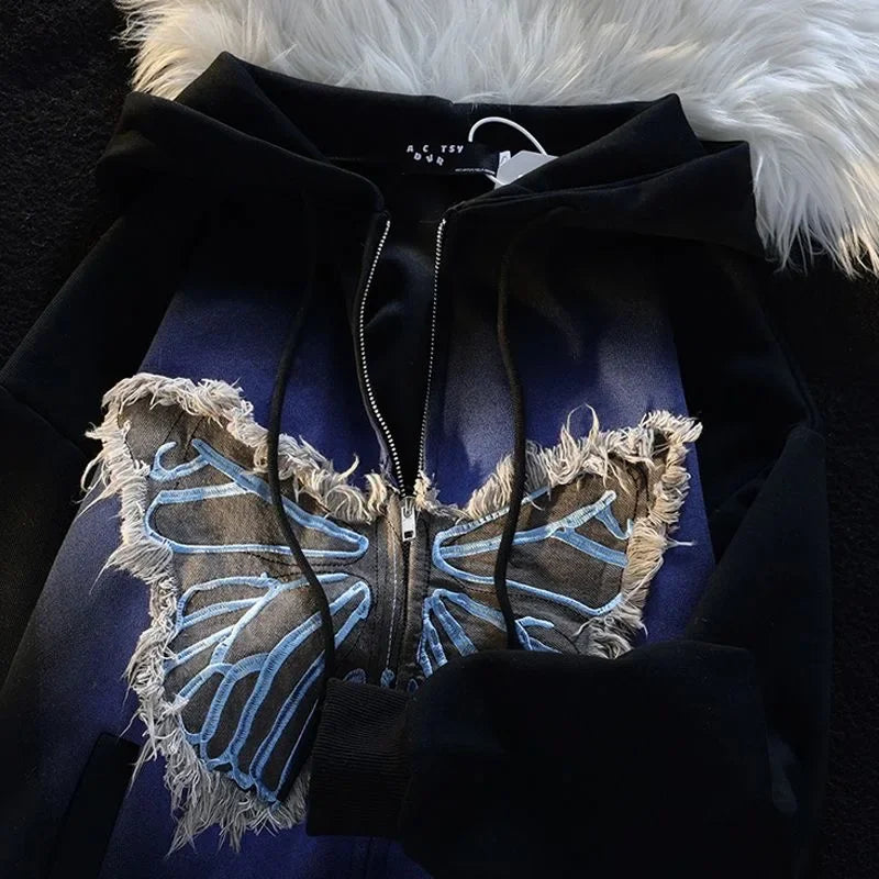 Street Popular Vintage Butterfly Patch Zipper Hoodies Women Y2K New Harajuku Casual Loose Sweatshirt Couple Fashion Joker Hoodie