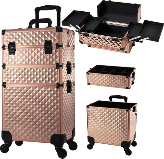 Rolling Makeup Train Case 3 in 1 Professional Cosmetic Trolley Large Storage keys Wheels Case Cart Trunk for Make Up Nail Tech