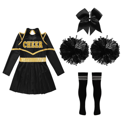 Kids Girls Cheerleader Costume Halloween Cheerleading Dress with Pom Poms Bow Hair Clip Socks Birthday Party Gifts