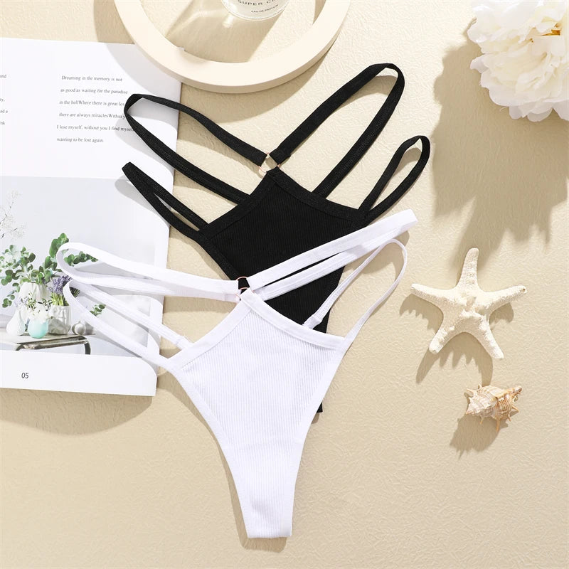 FINETOO 4Pcs Cotton Double Thin Belts Underwear for Women Sexy Low Waist Striped Thongs Ladies Soild Panties Breathable Lingerie