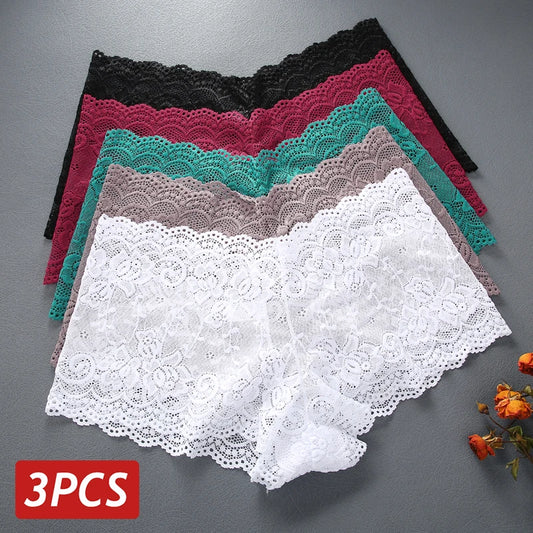 3PCS Women Floral Lace Panties Sexy Perspective Underwear V Waist Solid Color Underpants Female Breathable Intimates Lingerie