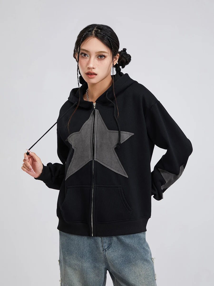 Y2K Vintage Star Print Hooded Hoodie for Women Casual Loose Long Sleeve Zip Up Drawstring Sweatshirts Autumn Spring Coat Street