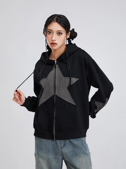 Y2K Vintage Star Print Hooded Hoodie for Women Casual Loose Long Sleeve Zip Up Drawstring Sweatshirts Autumn Spring Coat Street