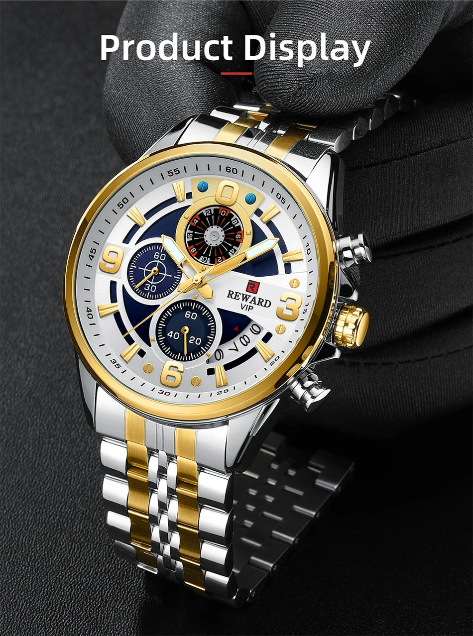 REWARD New Mens Watches Stainless Steel Luxury Waterproof Chronograph Luminous Wrist Watch Fashion Men Sports Quartz Watch